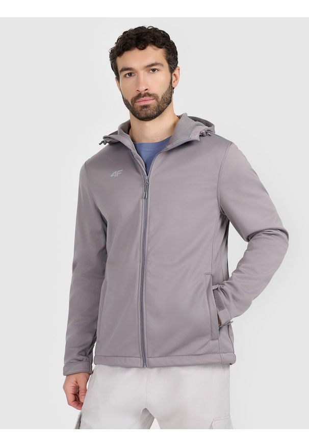 4f - 4F Kurtka softshell wiatroodporna membrana 5 000 męska - szara L. Typ kołnierza: kaptur, kołnierzyk stójkowy. Kolor: szary. Materiał: softshell. Technologia: Windstopper. Sezon: zima. Sport: wspinaczka