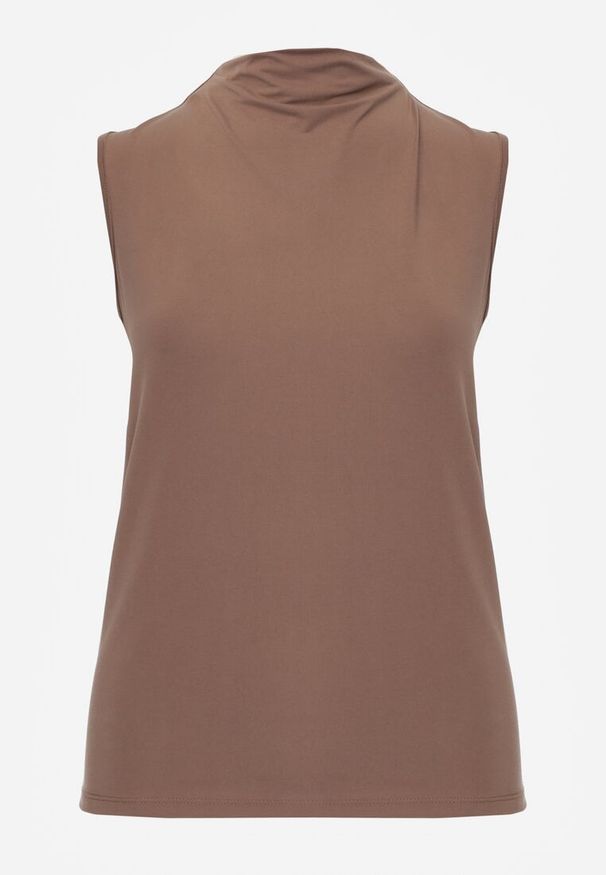 Renee - Brązowa Bluzka Top Bez Rękawów ze Stójką Nedire. Typ kołnierza: kołnierzyk stójkowy. Kolor: brązowy. Materiał: poliester, elastan, materiał, jeans. Długość rękawa: bez rękawów. Styl: elegancki