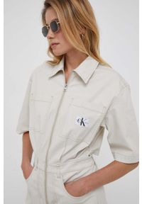 Calvin Klein Jeans kombinezon kolor beżowy z kołnierzykiemm. Kolor: beżowy. Materiał: bawełna. Długość rękawa: krótki rękaw. Długość: krótkie #6