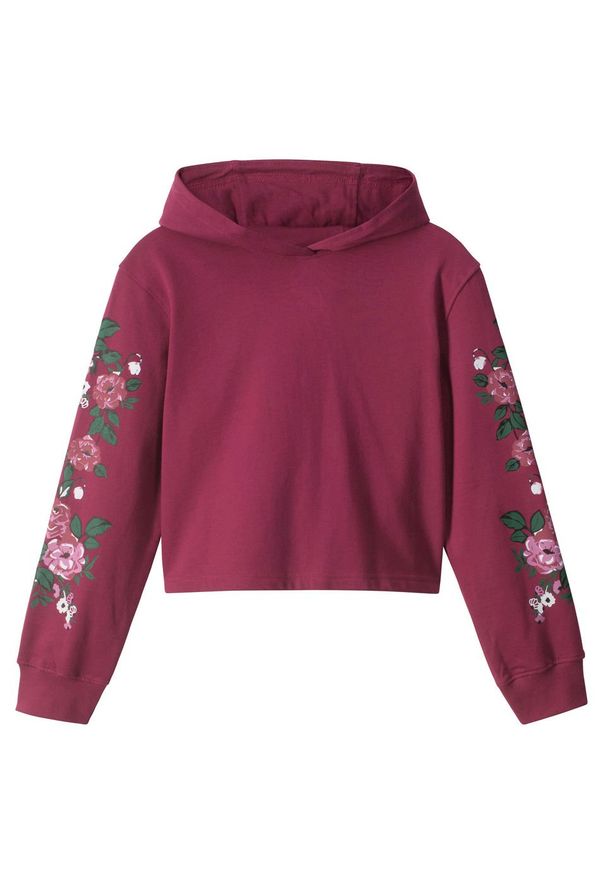 Bluza dziewczęca z kapturem bonprix czerwony rododendron. Typ kołnierza: kaptur. Kolor: fioletowy. Materiał: bawełna, materiał. Wzór: nadruk, kwiaty. Styl: sportowy