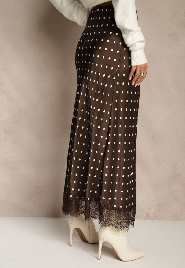 Renee - Brązowa Spódnica z Wiskozy High Waist Ozdobiona Kropkami i Koronką Monivia. Stan: podwyższony. Kolor: brązowy. Materiał: wiskoza, koronka. Wzór: kropki, aplikacja, koronka