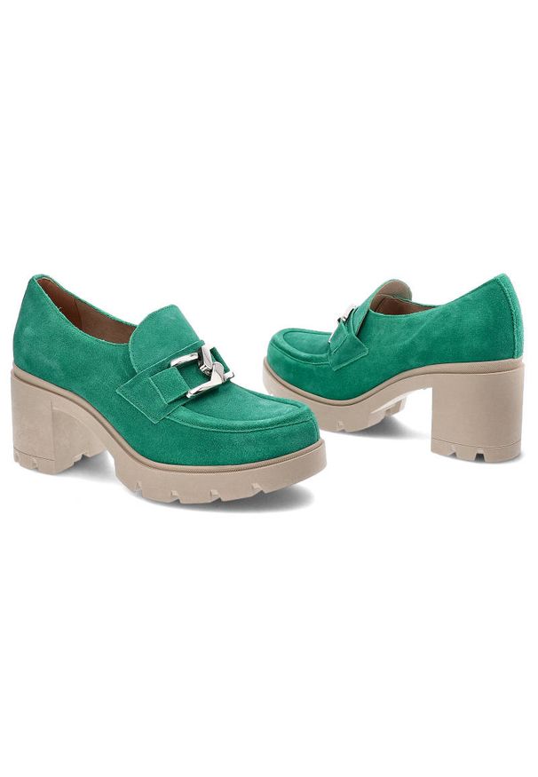Zielone Półbuty Lemar Damskie Eleganckie Buty. Zapięcie: klamry. Kolor: zielony. Materiał: zamsz. Obcas: na obcasie. Styl: elegancki. Wysokość obcasa: średni