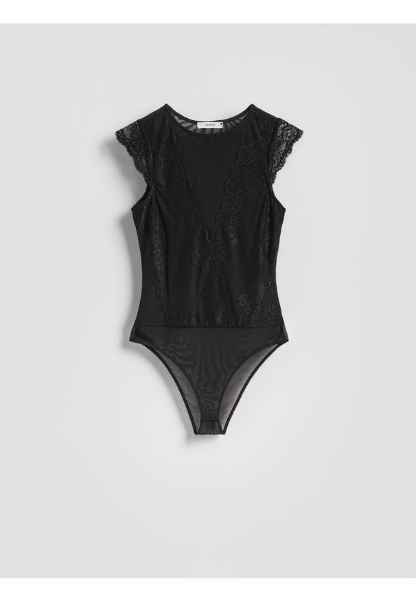 Reserved - Siateczkowe body z koronką - czarny. Kolor: czarny. Materiał: koronka. Wzór: koronka