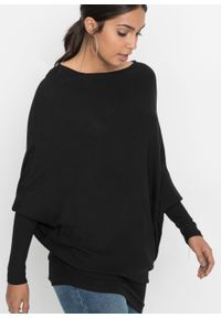 Sweter oversize z asymetrycznym dołem bonprix czarny. Kolor: czarny. Wzór: prążki #5