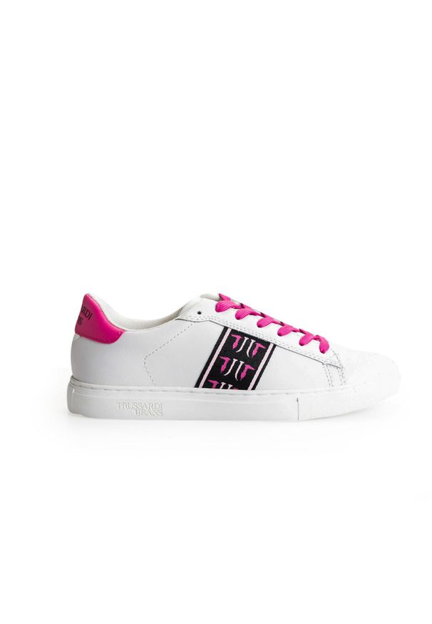 Trussardi Jeans Sneakersy | 79A00331 | Kobieta | Biały, Różowy. Nosek buta: okrągły. Kolor: biały, wielokolorowy, różowy. Materiał: skóra ekologiczna. Wzór: aplikacja, nadruk