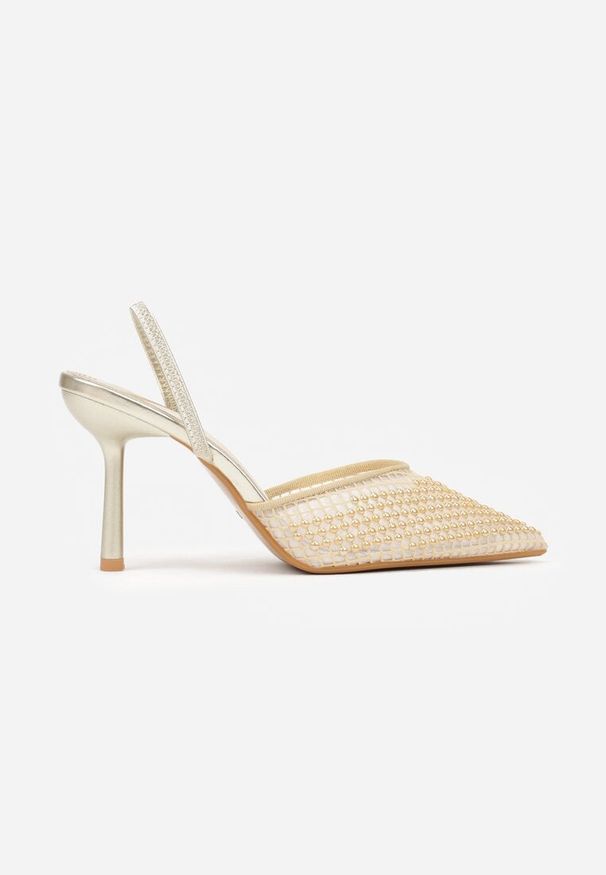 Renee - Złote Sandały na Szpilce z Siateczkowym Noskiem z Aplikacją z Perełek Aurifera. Okazja: na co dzień. Zapięcie: bez zapięcia. Kolor: złoty. Materiał: jeans, skóra, satyna. Wzór: aplikacja. Obcas: na szpilce. Styl: casual