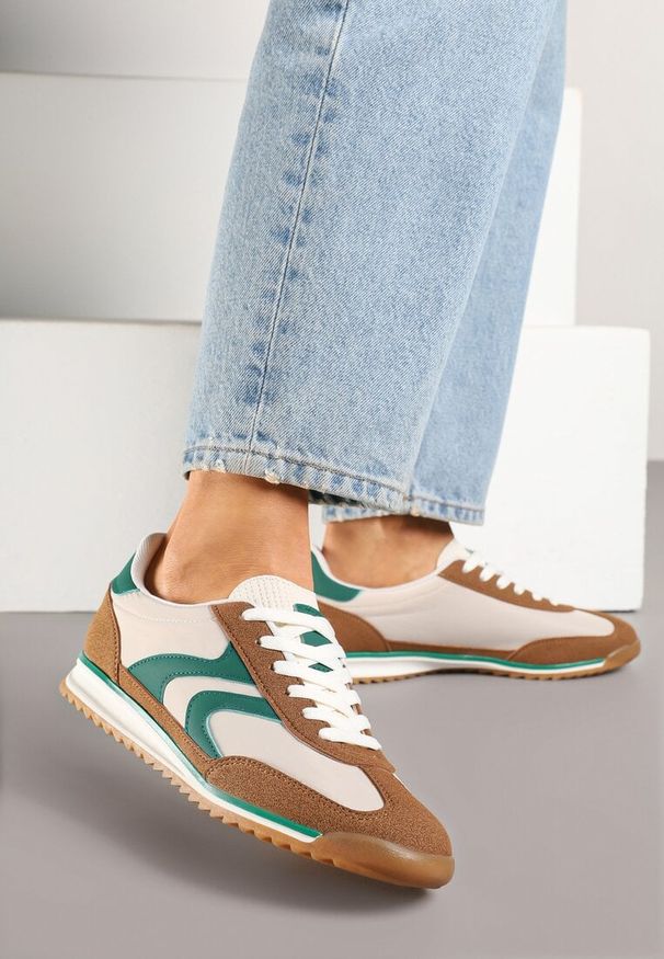 Born2be - Brązowo-Zielone Sneakersy w Stylu Tenisówek Julirelle. Okazja: na co dzień. Kolor: brązowy. Materiał: jeans