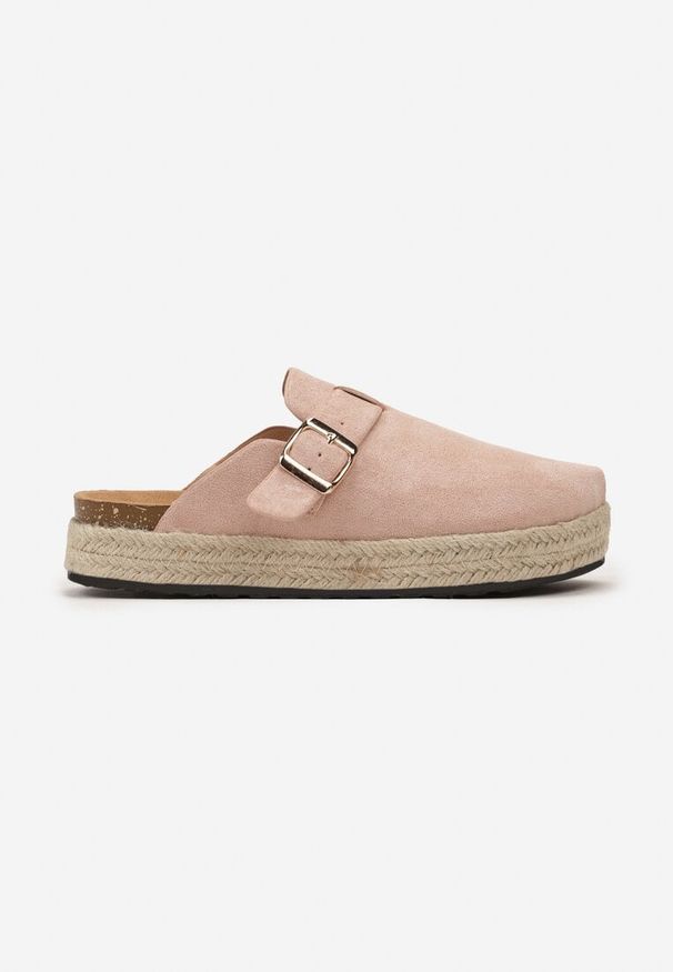 Born2be - Różowe Klapki Mule w Stylu Chodaków z Plecioną Podeszwą Esinna. Kolor: różowy. Wzór: aplikacja. Styl: elegancki