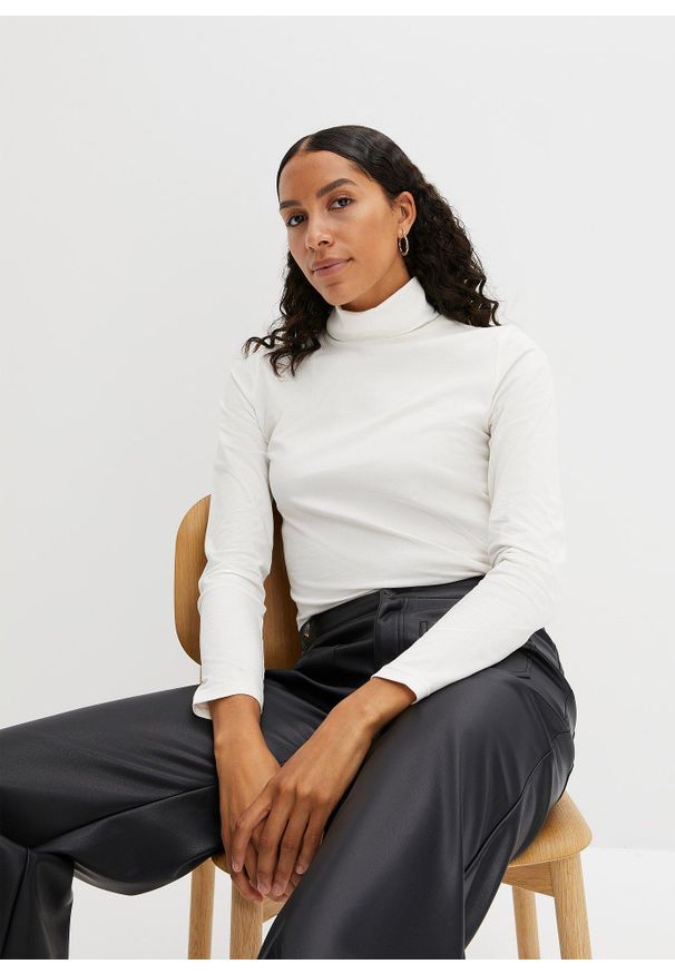 bonprix - Bluzka z długim rękawem i golfem. Typ kołnierza: golf. Kolor: biały. Materiał: bawełna. Długość rękawa: długi rękaw. Długość: długie