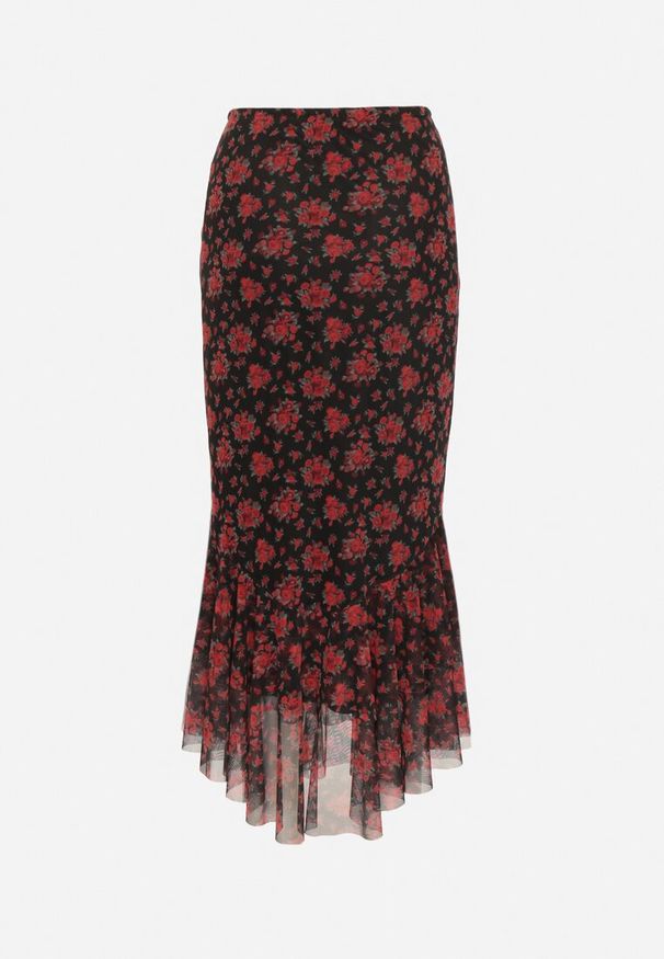 Born2be - Czarno-Czerwona Spódnica o Dopasowanym Kroju Zdobiona Falbanką Efririsse. Okazja: na co dzień. Kolor: czarny. Wzór: aplikacja. Styl: casual, klasyczny