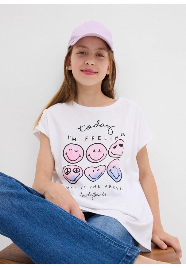 bonprix - T-shirt z buźką z czystej bawełny. Kolor: biały. Materiał: bawełna. Wzór: nadruk
