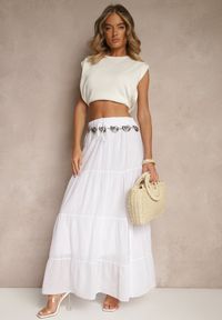 Renee - Biała Rozkloszowana Spódnica z Bawełny z Wiązaniem i Gumką w Talii Miloreina. Kolor: biały. Materiał: bawełna. Sezon: lato. Styl: elegancki