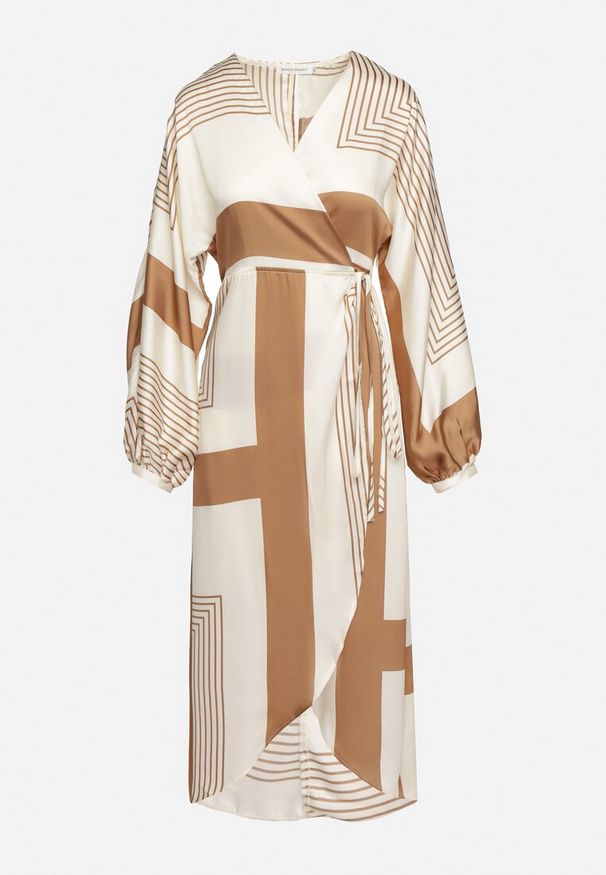 Born2be - Beżowa Sukienka Kopertowa Kimono z Geometrycznym Wzorem i Wiązanym Paskiem Klerossa. Kolor: beżowy. Materiał: materiał. Długość rękawa: długi rękaw. Wzór: geometria. Typ sukienki: kopertowe