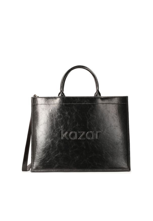 Kazar - Czarna skórzana torebka typu tote bag. Kolor: czarny. Wzór: aplikacja. Sezon: lato. Materiał: skórzane. Styl: elegancki, biznesowy