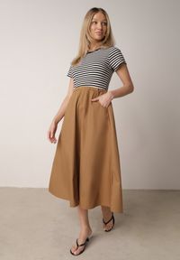 Born2be - Czarno-Beżowa Rozkloszowana Sukienka z Bawełny z Górą w Paski Aethephaia. Okazja: na co dzień. Kolor: czarny. Materiał: bawełna. Wzór: paski. Sezon: lato. Typ sukienki: rozkloszowane, proste. Styl: casual, klasyczny #4