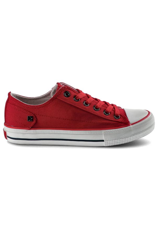 Big-Star - Czerwone Trampki Big Star Damskie Sznurowane Buty. Okazja: na uczelnię, do pracy. Kolor: czerwony. Materiał: jeans, materiał. Szerokość cholewki: normalna. Wzór: napisy. Styl: klasyczny