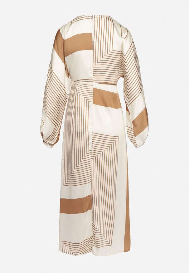 Born2be - Beżowa Sukienka Kopertowa Kimono z Geometrycznym Wzorem i Wiązanym Paskiem Klerossa. Kolor: beżowy. Materiał: materiał. Długość rękawa: długi rękaw. Wzór: geometria. Typ sukienki: kopertowe