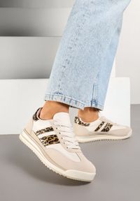 Renee - Beżowe Sneakersy w Stylu Tenisówek Ozdobione Paskami w Panterkę Lilmi. Okazja: na co dzień. Zapięcie: pasek. Kolor: beżowy. Materiał: jeans. Wzór: motyw zwierzęcy, aplikacja. Obcas: na płaskiej podeszwie #6