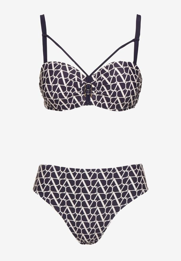 Born2be - Granatowe Bikini Biustonosz z Ozdobnymi Paskami i Majtki Figi Linadora. Kolor: niebieski. Wzór: haft