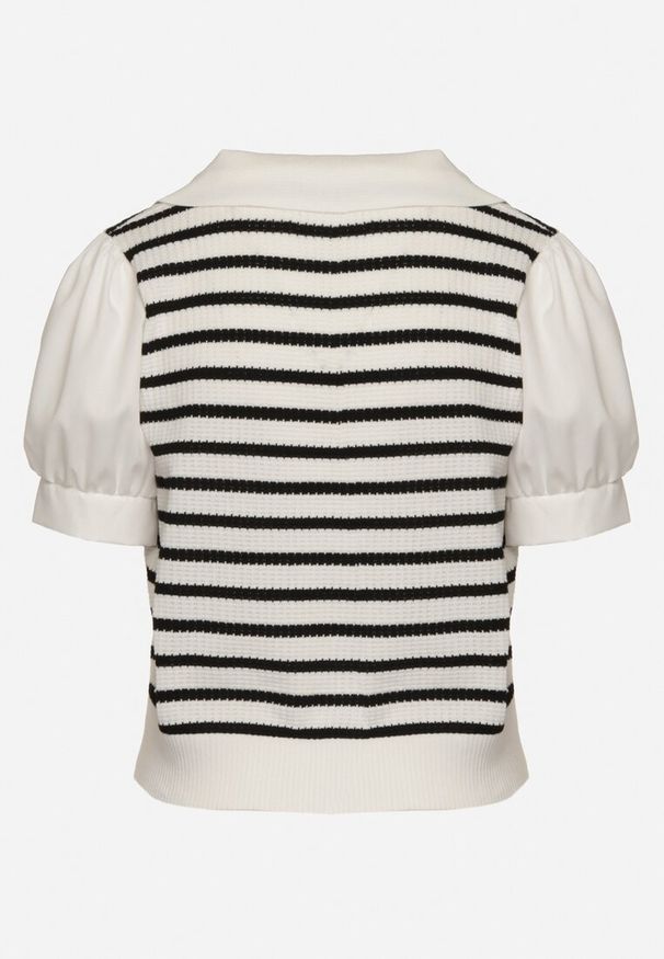 Born2be - Biała Bluzka z Bufiastym Rękawem i Kamizelką w Paski Viwia. Okazja: na spotkanie biznesowe, do pracy, na co dzień. Typ kołnierza: kołnierzyk klasyczny. Kolor: biały. Materiał: tkanina, materiał, jeans. Wzór: paski. Styl: elegancki, casual, klasyczny, biznesowy