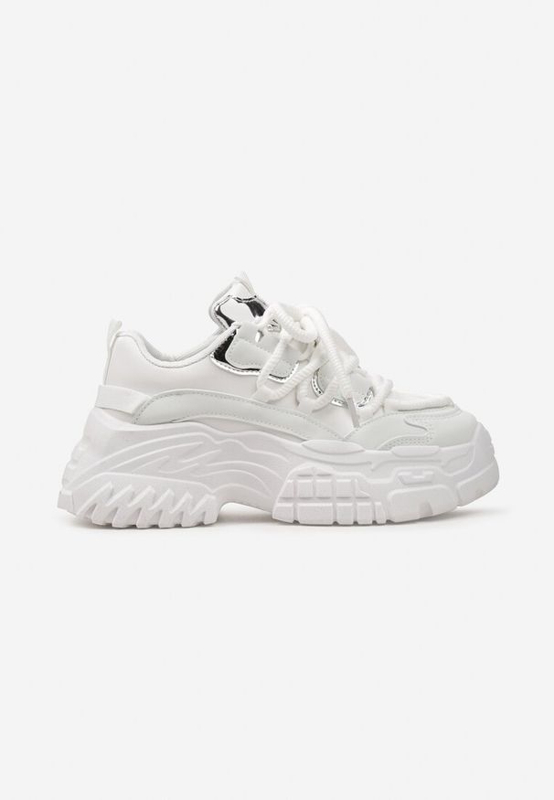 Renee - Białe Sneakersy z Grubymi Sznurówkami na Niskiej Platformie Lasandre. Okazja: na co dzień. Zapięcie: sznurówki. Kolor: biały. Obcas: na platformie