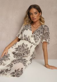 Renee - Szara Rozkloszowana Sukienka z Wiązaniem w Kwiatowy Wzór Jeloiti. Okazja: na co dzień. Typ kołnierza: dekolt w kształcie V. Kolor: szary. Wzór: kwiaty. Typ sukienki: proste. Styl: casual, elegancki