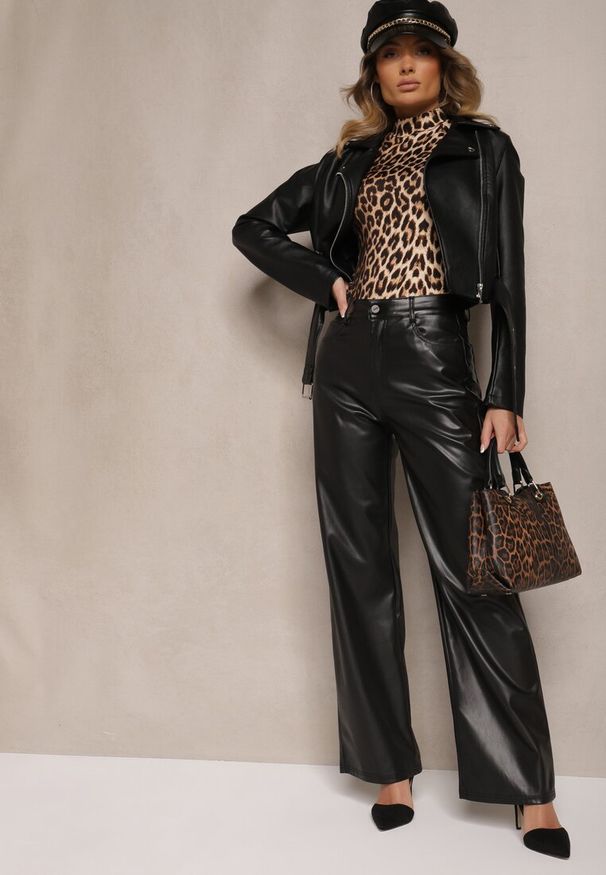 Renee - Czarne Szerokie Spodnie High Waist z Imitacji Skóry Enawinn. Okazja: na co dzień, na imprezę. Stan: podwyższony. Kolor: czarny. Materiał: skóra. Styl: elegancki, casual