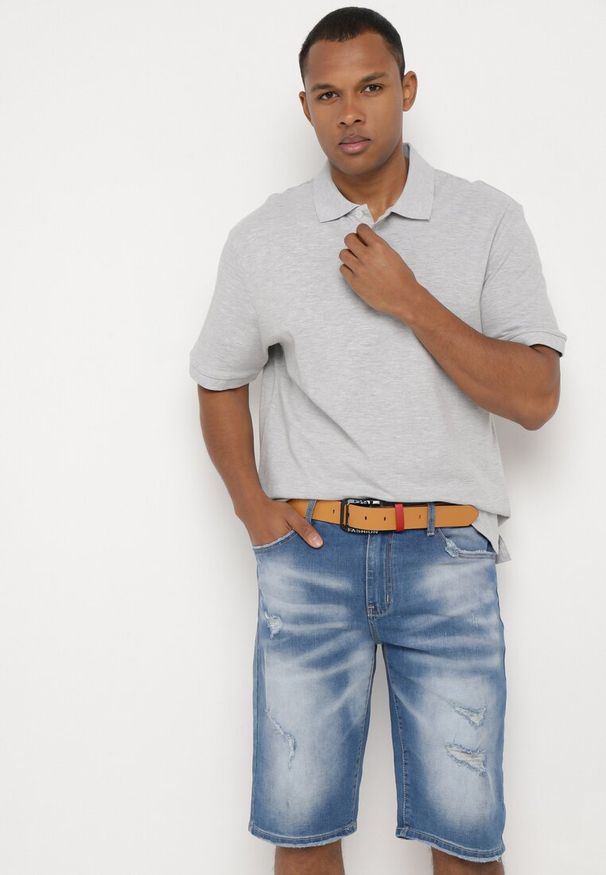 Born2be - Niebieskie Szorty Jeansowe z Przetarciami i Paskiem z Imitacji Skóry Tleasa. Okazja: na co dzień. Kolor: niebieski. Materiał: jeans, skóra. Styl: casual