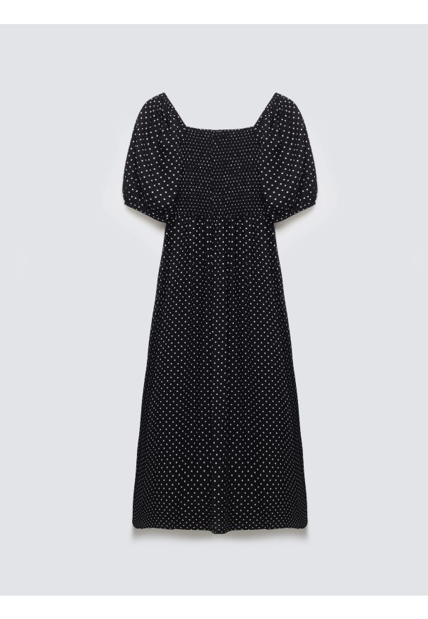Big-Star - Sukienka damska midi z wiskozy w kropki czarna Sotini 906. Okazja: na wesele, na ślub cywilny. Typ kołnierza: dekolt w karo. Kolor: czarny. Materiał: wiskoza. Wzór: kropki. Sezon: lato. Styl: klasyczny. Długość: midi