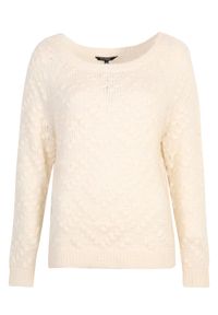 TOP SECRET - Luźny damski sweter ze wzorem. Kolor: biały. Materiał: dzianina, jeans. Długość: krótkie. Sezon: zima, jesień #4