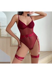 Intica - Body z pasem do pończoch z regulowanymi paskami bielizna damska Naydenka. Kolor: czerwony. Materiał: materiał. Wzór: paski #2