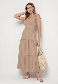 Born2be - Beżowa Wiskozowa Sukienka z Falbankami Sadoline. Okazja: na co dzień. Typ kołnierza: kołnierz z falbankami. Kolor: beżowy. Materiał: wiskoza. Styl: boho, casual #5
