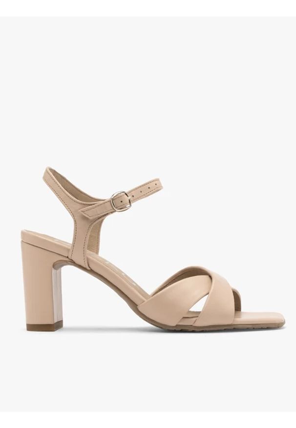 Ryłko - Jasnobeżowe sandały na obcasie. Kolor: beżowy. Materiał: skóra. Obcas: na obcasie. Styl: street. Wysokość obcasa: średni
