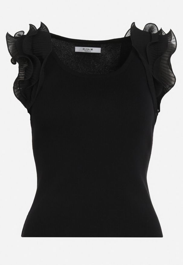 Born2be - Czarny Top z Prążkowanej Dzianiny z Plisowanym Zdobieniem przy Ramionach Jolyn. Okazja: na co dzień. Typ kołnierza: kołnierz z falbankami. Kolor: czarny. Materiał: dzianina, prążkowany. Długość rękawa: krótki rękaw. Długość: krótkie. Wzór: aplikacja. Styl: casual