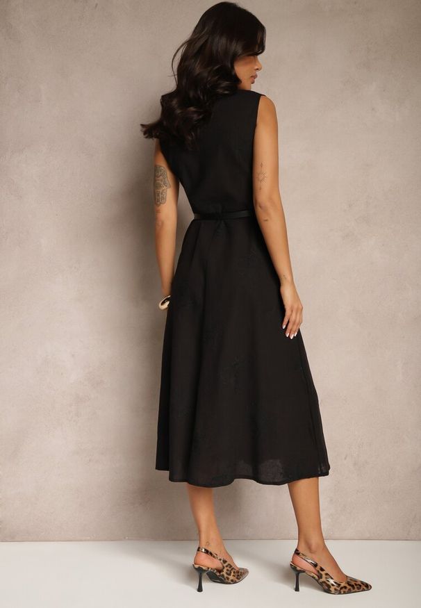 Renee - Czarna Wiskozowa Sukienka Koszulowa z Bawełną i Paskiem Artebia. Okazja: na co dzień. Kolor: czarny. Materiał: wiskoza, bawełna. Typ sukienki: koszulowe. Styl: casual, elegancki