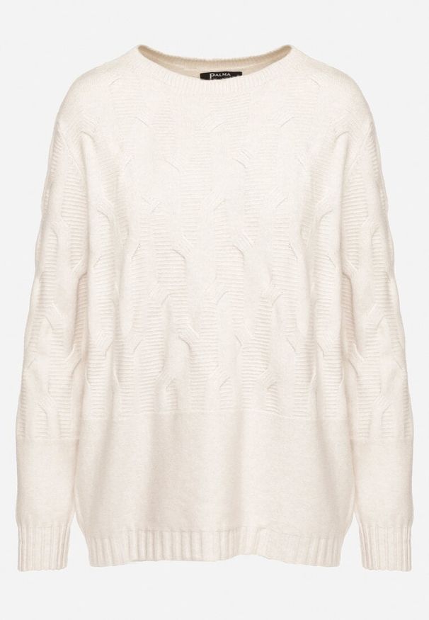 Born2be - Jasnobeżowy Sweter z Bawełną i Wiskozą Ozdobiony Tłoczeniem Zeialda. Okazja: na spotkanie biznesowe, na co dzień. Kolor: beżowy. Materiał: wiskoza, bawełna. Długość rękawa: długi rękaw. Długość: długie. Wzór: aplikacja. Styl: klasyczny, biznesowy, casual, elegancki
