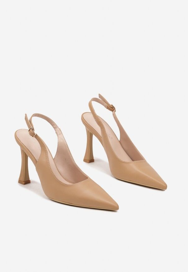 Renee - Brązowe Sandały na Obcasie Typu Slingback Dolandra. Okazja: na imprezę. Nosek buta: szpiczasty. Kolor: beżowy. Sezon: lato. Obcas: na obcasie. Styl: elegancki. Wysokość obcasa: średni