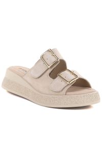 Skórzane klapki na koturnie beżowe Vinceza 88045. Okazja: na co dzień. Kolor: beżowy. Materiał: skóra. Obcas: na koturnie. Styl: casual, sportowy #1