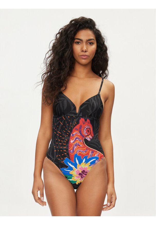 Desigual Strój kąpielowy Panter 24SWMK01 Czarny. Kolor: czarny. Materiał: syntetyk. Wzór: motyw zwierzęcy