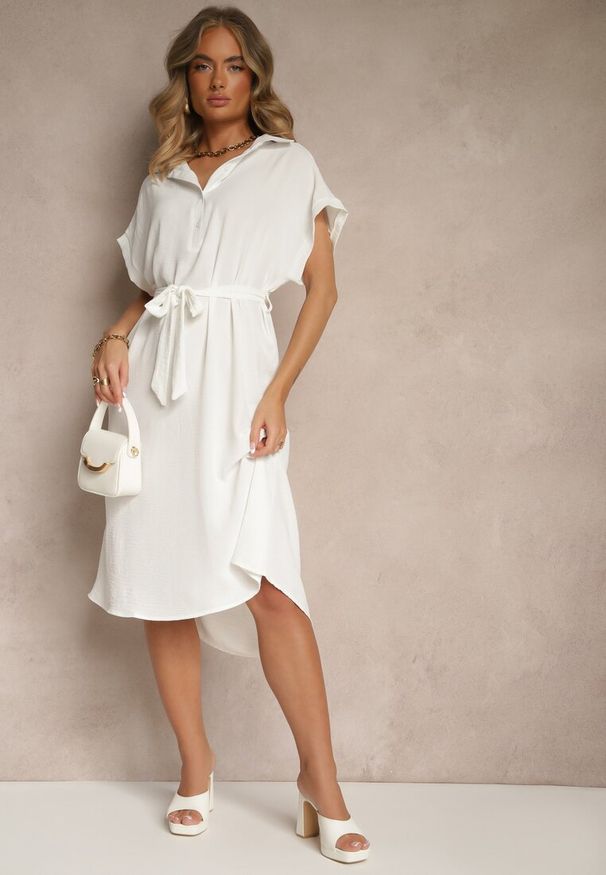 Renee - Biała Pudełkowa Sukienka z Bawełną i Paskiem Savorienne. Okazja: na co dzień. Kolor: biały. Materiał: bawełna. Styl: elegancki, casual