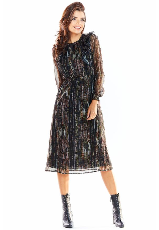 Awama - Wyjątkowa sukienka midi z włoskiego szyfonu z printem. Materiał: szyfon. Wzór: nadruk. Długość: midi