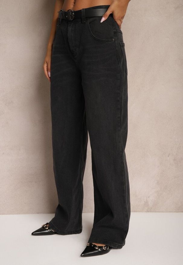 Renee - Ciemnoszare Jeansy High Waist z Bawełny z Paskiem Nevelith. Okazja: na co dzień. Stan: podwyższony. Kolor: szary. Styl: klasyczny, casual