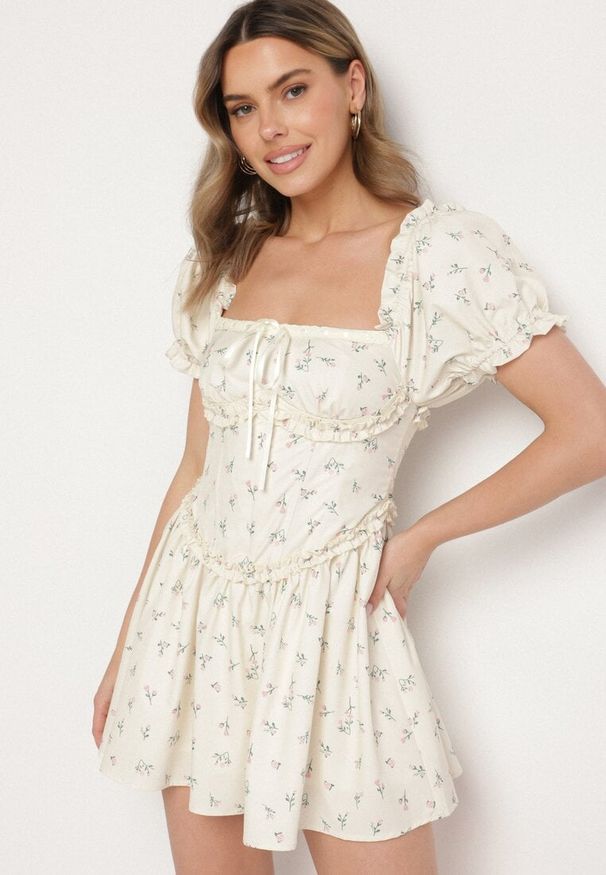 Born2be - Żółta Sukienka Vices z Bufkami Falbankami i Wiązaniem w Kwiaty Tolalira. Okazja: na co dzień. Typ kołnierza: kołnierz z falbankami. Kolor: żółty. Materiał: skóra. Wzór: kwiaty. Styl: klasyczny, casual, elegancki