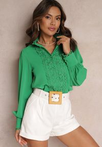 Renee - Zielona Koronkowa Koszula na Perłowe Guziki Inhis. Kolor: zielony. Materiał: koronka. Wzór: aplikacja