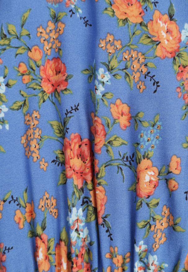 Renee - Niebieska Sukienka Mini z Wiskozy z Gumką w Talii Farlock. Kolor: niebieski. Materiał: wiskoza. Wzór: kwiaty. Długość: mini