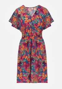 Renee - Różowo-Granatowa Krótka Sukienka w Kwiaty z Szeroką Gumką w Pasie Meles. Kolor: różowy. Materiał: wiskoza. Długość rękawa: krótki rękaw. Wzór: kwiaty. Sezon: lato. Typ sukienki: rozkloszowane, kopertowe. Długość: mini #7