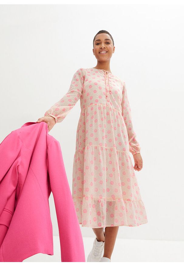 bonprix - Sukienka szyfonowa z plisą guzikową. Kolor: różowy. Materiał: szyfon. Wzór: nadruk