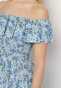 Born2be - Niebieska Sukienka z Bawełny Typu Hiszpanka z Falbankami w Kwiaty Aenne. Okazja: na imprezę, na spacer. Typ kołnierza: dekolt hiszpanka, kołnierz z falbankami. Kolor: niebieski. Materiał: bawełna. Wzór: kwiaty. Sezon: lato. Styl: elegancki #3