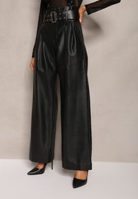 Renee - Czarne Szerokie Spodnie High Waist z Ekoskóry i Paskiem Phyphne. Stan: podwyższony. Kolor: czarny #4