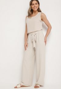 Born2be - Jasnobeżowe Szerokie Spodnie z Wiskozą Wiązane w Pasie Zilenna. Okazja: na co dzień. Kolor: beżowy. Materiał: wiskoza. Styl: klasyczny, elegancki, casual #5